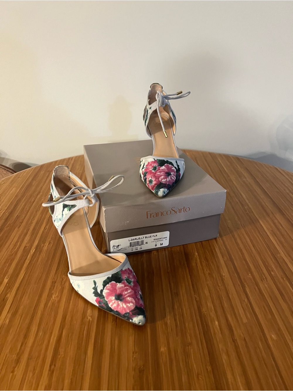 Franco Sarto Blue Pumps with Pink Floral Pointed Toe & Ankle Tie